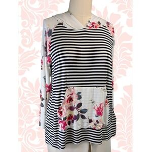 1 Clique Women's 2X Lightweight Striped Floral Hoodie‎ Pullover Top Made in USA